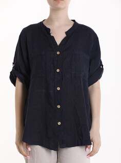 Льняная рубашка с коротким рукавом на пуговицах, с V-образным вырезом и карманами, цвет Prussian blue NO Brand
