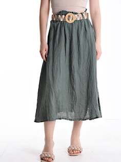 Льняная юбка миди с поясом, цвет Grey asparagus NO Brand