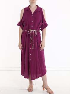 Льняное платье с поясом на пуговицах, красно-фиолетовый NO Brand