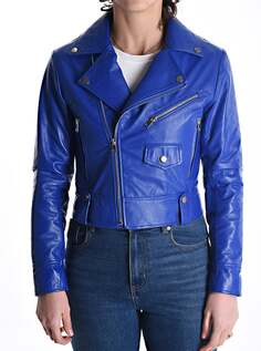 Байкерская куртка из натуральной кожи с карманами на подкладке на молнии, цвет Electric blue NO Brand