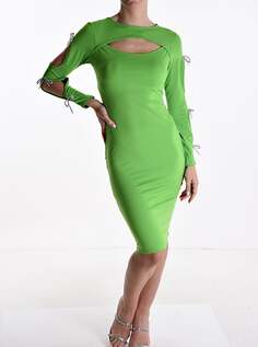 Платье длиной до колена с длинными рукавами и бантом, зеленый NO Brand