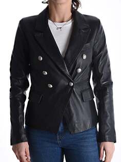 Двубортная куртка из натуральной кожи с карманами на подкладке, черный NO Brand