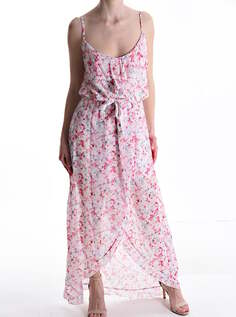 Длинное платье без рукавов с цветочным принтом и поясом с разрезом и воланами, розовый NO Brand