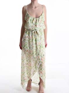 Длинное платье без рукавов с цветочным принтом и поясом с разрезом и воланами, зеленый NO Brand