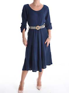 Хлопковое платье длиной до колена с поясом, рукав 3/4 с воланами, темно-синий NO Brand