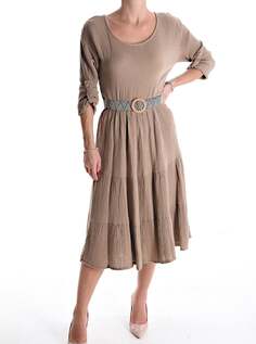 Хлопковое платье длиной до колена с поясом, рукав 3/4 с воланами, коричневый NO Brand