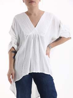 Хлопковая блузка асимметричного кроя с v-образным вырезом, рукавом 3/4, белый NO Brand