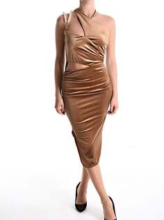 Бархатное платье на одно плечо с жемчугом и разрезом, коричневый NO Brand