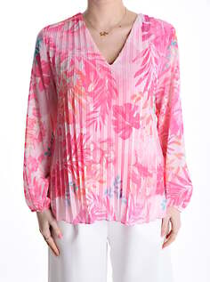 Плиссированная блузка с принтом листьев и v-образным вырезом, фуксия NO Brand