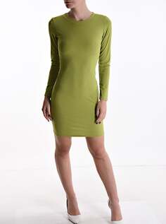 Платье длиной до колена с длинными рукавами и круглым вырезом, оливково-бежевый NO Brand