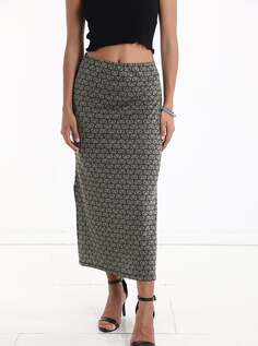 Длинная юбка с геометрическим узором на резинке с разрезом, темно-оливковый NO Brand