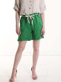 Льняные шорты с карманами и тканевым поясом, зеленый NO Brand