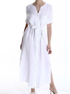 Льняное платье-рубашка с карманами, v-образным вырезом и бантом, белый NO Brand