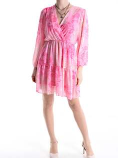Платье длиной до колена с длинными рукавами и цветочным принтом, воланами и v-образным вырезом, розовый NO Brand