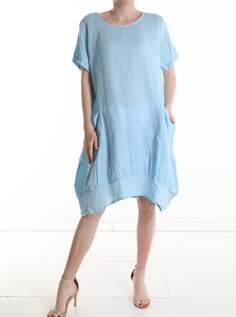 Льняное платье длиной до колена с короткими рукавами и карманами, светло-синий NO Brand