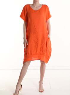 Льняное платье длиной до колена с короткими рукавами и карманами, оранжевый NO Brand
