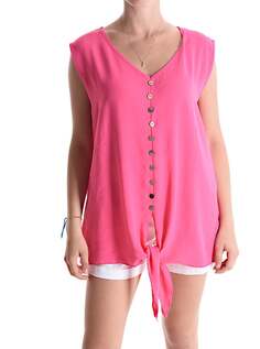Блузка с коротким рукавом на пуговицах с узлом и V-образным вырезом, ярко-розовый NO Brand