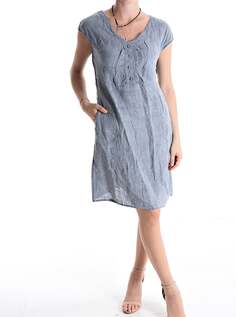 Льняное платье длиной до колена с короткими рукавами и пуговицами, с v-образным вырезом, серый NO Brand