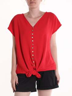 Блузка с коротким рукавом на пуговицах с узлом и V-образным вырезом, красный NO Brand