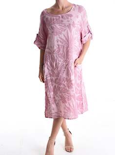 Льняное платье длиной до колена с рисунком и карманами, рукав 3/4, розовый NO Brand