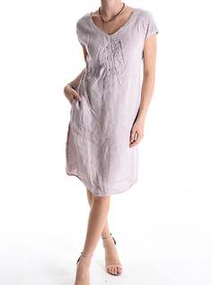 Льняное платье длиной до колена с короткими рукавами и пуговицами, с v-образным вырезом, розовый NO Brand