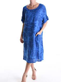 Льняное платье длиной до колена с рисунком и карманами, рукав 3/4, синий NO Brand