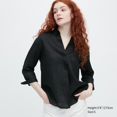Рубашка из 100% премиум льна с открытым вырезом UNIQLO, черный