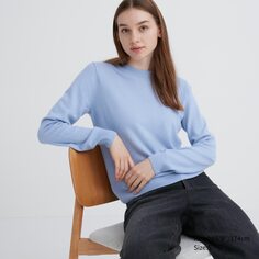 Свитер из 100% кашемира с круглым вырезом UNIQLO, светло-синий