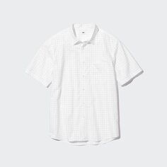 Рубашка с короткими рукавами из очень тонкой хлопчатобумажной ткани (в горошек, обычный воротник) UNIQLO, белый