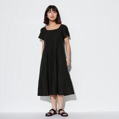 Платье из смесового льна с квадратным вырезом (короткие рукава, короткая длина 103-114,5см) UNIQLO, черный