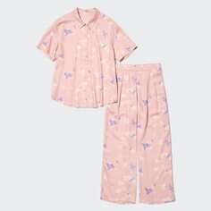 Атласная пижама с короткими рукавами (с принтом) UNIQLO, розовый