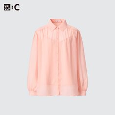 Прозрачная объемная блузка с длинными рукавами (однотонная) UNIQLO, розовый