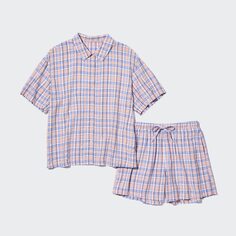 Мягкая пижама из жатого хлопка с короткими рукавами (в мадрасскую клетку) UNIQLO, розовый
