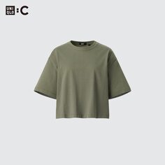 Хлопковая укороченная футболка оверсайз с короткими рукавами UNIQLO, оливковый