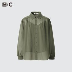 Прозрачная объемная блузка с длинными рукавами (однотонная) UNIQLO, оливковый