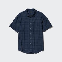 Рубашка с короткими рукавами из очень тонкой хлопчатобумажной ткани (в горошек, обычный воротник) UNIQLO, темно-синий