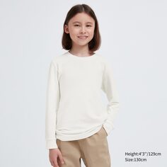 KIDS HEATTECH Очень теплая хлопковая футболка с круглым вырезом и длинными рукавами UNIQLO, молочный