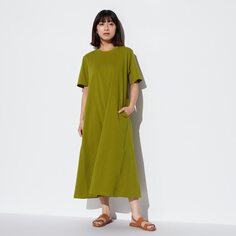 Хлопковое платье AIRism (короткий рукав) (короткая длина 107-118см) UNIQLO, оливковый