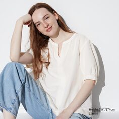 Объемная блузка из льняной смеси с короткими рукавами UNIQLO, молочный