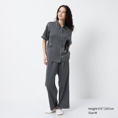 Атласная пижама с короткими рукавами (однотонная) UNIQLO, серый