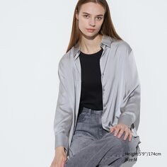 Атласная блузка с длинными рукавами UNIQLO, серый