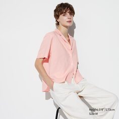 Рубашка из льняной смеси с открытым воротником и короткими рукавами UNIQLO, розовый