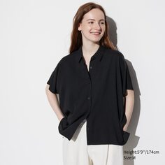 Блузка из искусственного шелка с короткими рукавами (однотонная) UNIQLO, черный