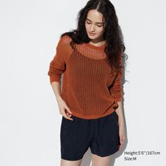 Сетчатый свитер с круглым вырезом и длинными рукавами UNIQLO, оранжевый