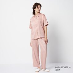 Атласная пижама с короткими рукавами (однотонная) UNIQLO, розовый