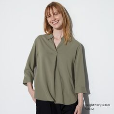 Блуза из искусственного шелка с воротником шкипера и рукавами 3/4 UNIQLO, оливковый