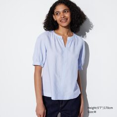 Объемная блузка из льняной смеси с короткими рукавами UNIQLO, светло-синий