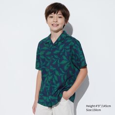 KIDS Рубашка из модального хлопка с открытым воротником и короткими рукавами UNIQLO, синий