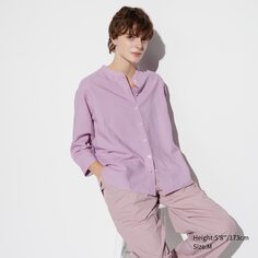 Рубашка из льняной смеси с воротником-стойкой и рукавами 3/4 UNIQLO, фиолетовый