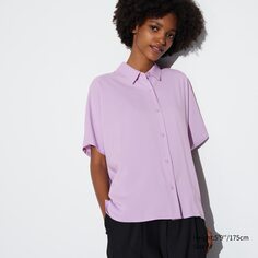 Блузка из искусственного шелка с короткими рукавами (однотонная) UNIQLO, фиолетовый